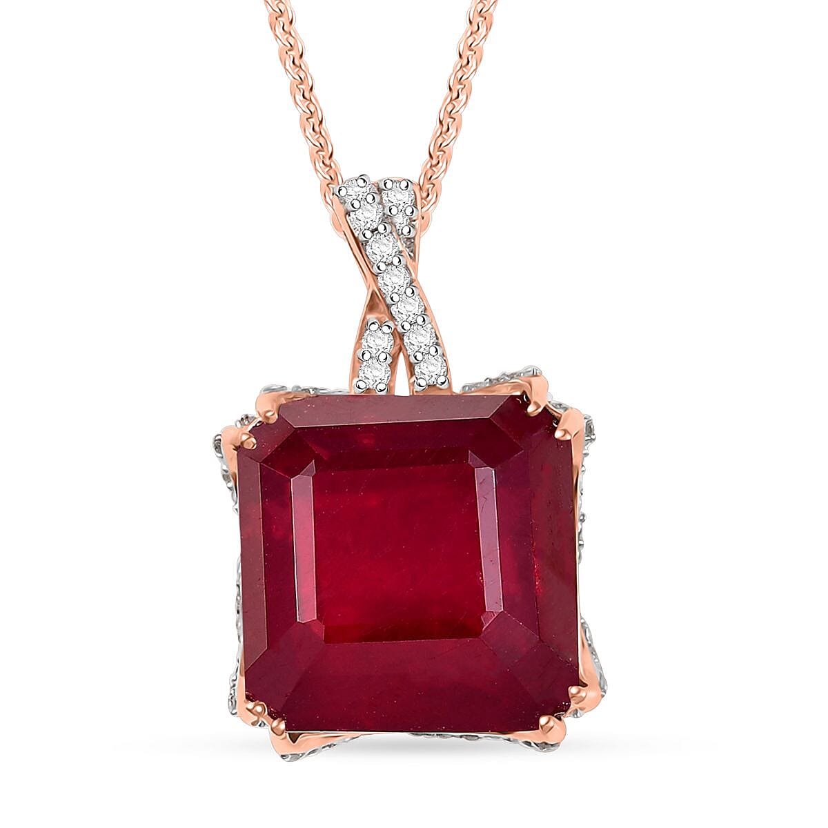 D'Joy Niassa Ruby (FF) and White Zircon 22.35 ctw Art-Deco Pendant Necklace 20 Inches in 18K Vermeil Rose Gold Over Sterling Silver