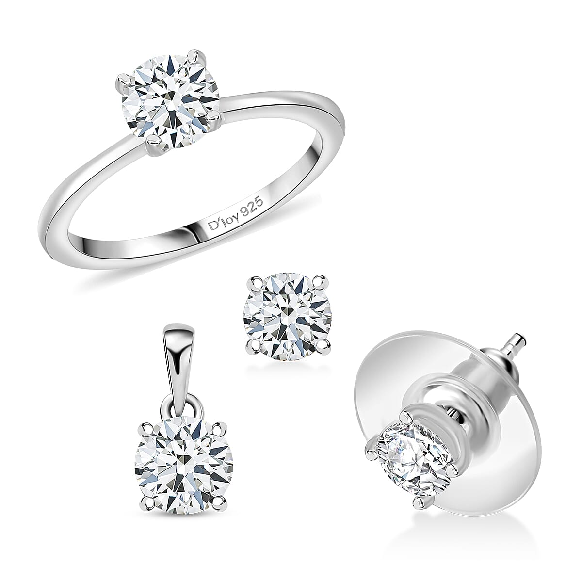 3 Piece Set - D'Joy Moissanite (Rnd 6mm) Solitaire Ring (Size 5), Pendant and Stud Earrings in Platinum Over Sterling Silver 2.40 ctw