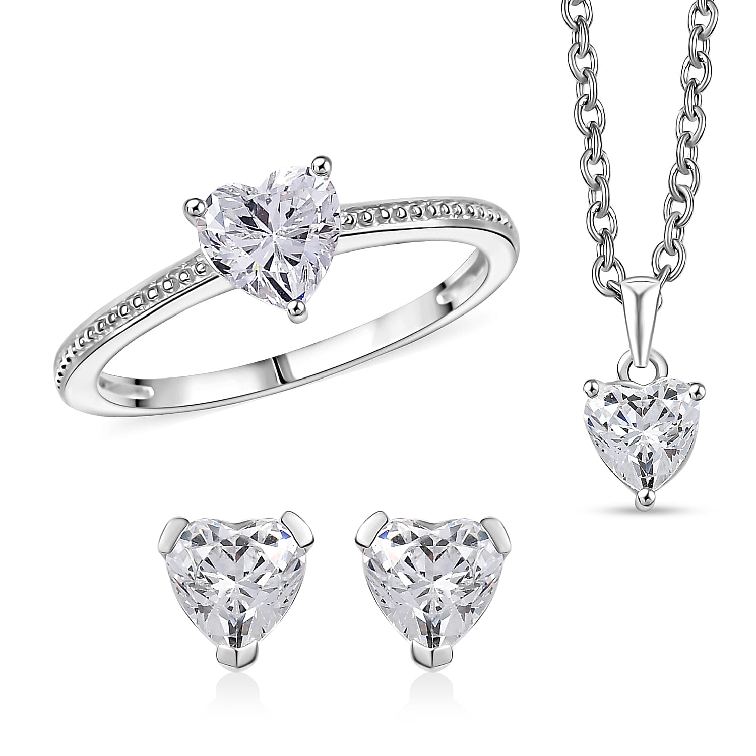 J Francis Embellished with Zirconia by Swarovski 3.80 ctw Earrings, Ring and Pendant in Platinum Over Sterling Silver with Stainless Steel Necklace 20 Inches