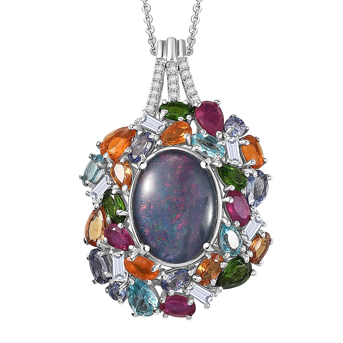 D'Joy Elysian Opal (Triplet) 13.40 ctw Pendant Necklace 20 Inches in Rhodium Over Sterling Silver