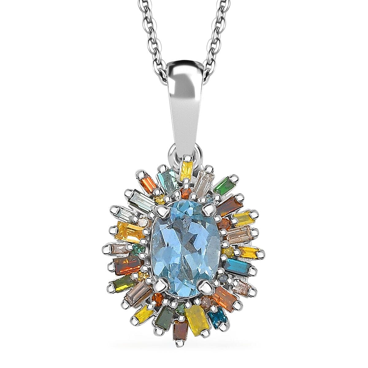 D'Joy Santa Maria Aquamarine and Multi Diamond 1.00 ctw Ocean Fire Pendant Necklace 20 Inches in Rhodium Over Sterling Silver