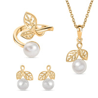 Freshwater Pearl Earrings, Ring (Size 8.0) and Pendant Necklace 20 Inches in ION Plated YG Stainless Steel 8.40 ctw