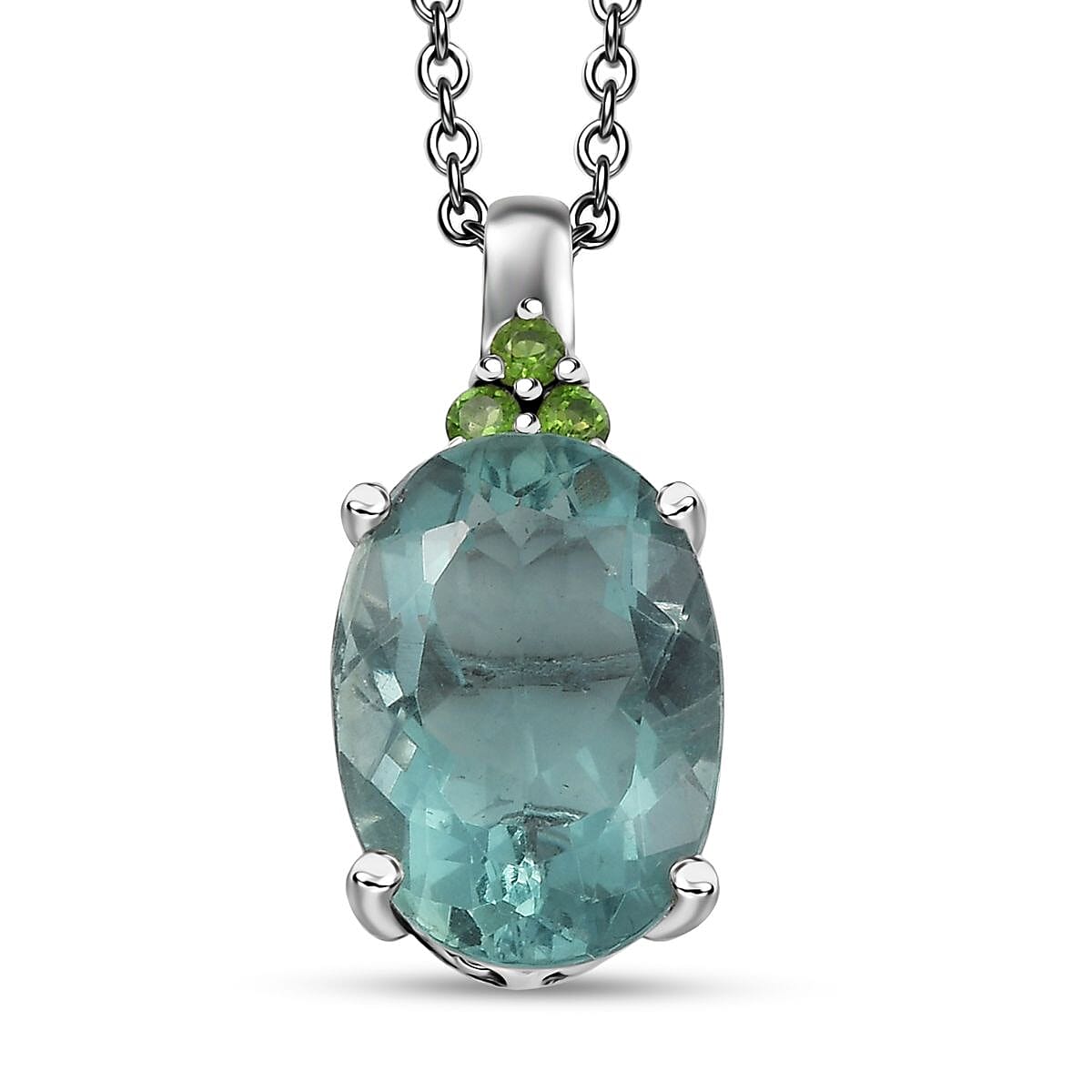 D'Joy Dean Teal Fluorite (IR) and Chrome Diopside Caribbean Bloom 6.90 ctw Pendant Necklace in Platinum Over Sterling Silver 20 Inches