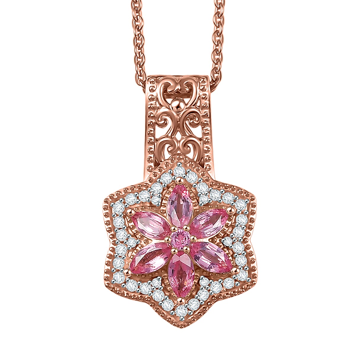 D'Joy Premium Mahenge Spinel and White Zircon 0.90 ctw Floral Regalia Pendant Necklace 20 Inches in 18K Vermeil Rose Gold Over Sterling Silver