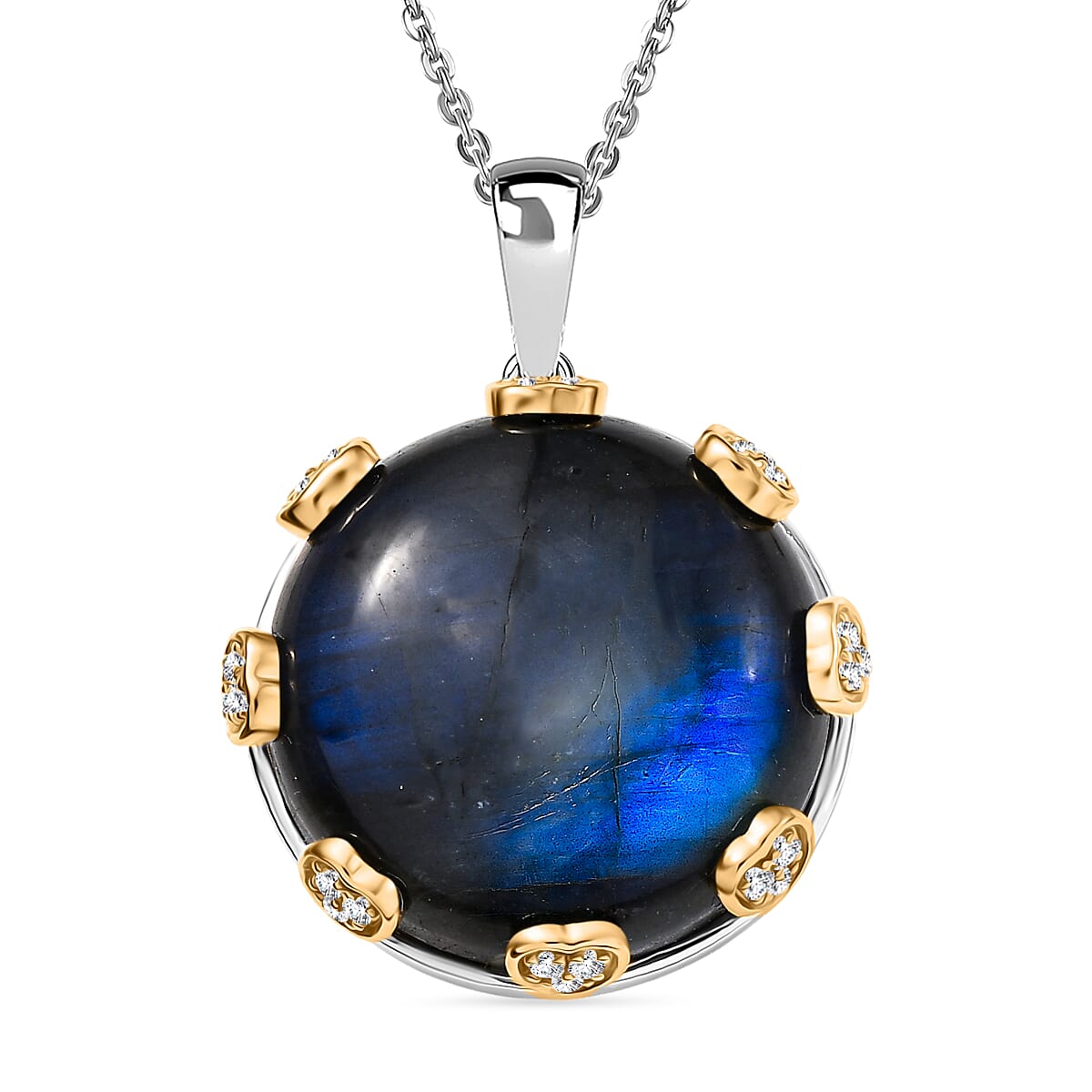 D'Joy AAA Malagasy Labradorite and White Zircon 24.35 ctw Pendant Necklace in 18K Vermeil YG and Rhodium Over Sterling Silver 20 Inches