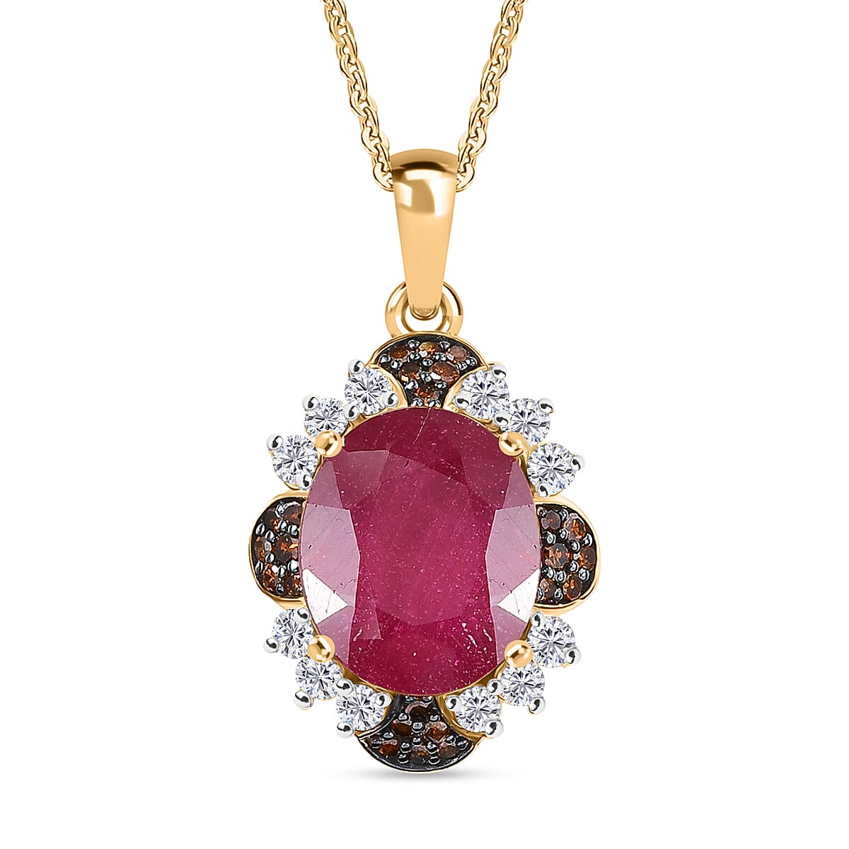D'Joy African Ruby (FF), White Zircon and Red Diamond 7.65 ctw Pendant Necklace in 18K Vermeil Yellow Gold Over Sterling Silver 20 Inches