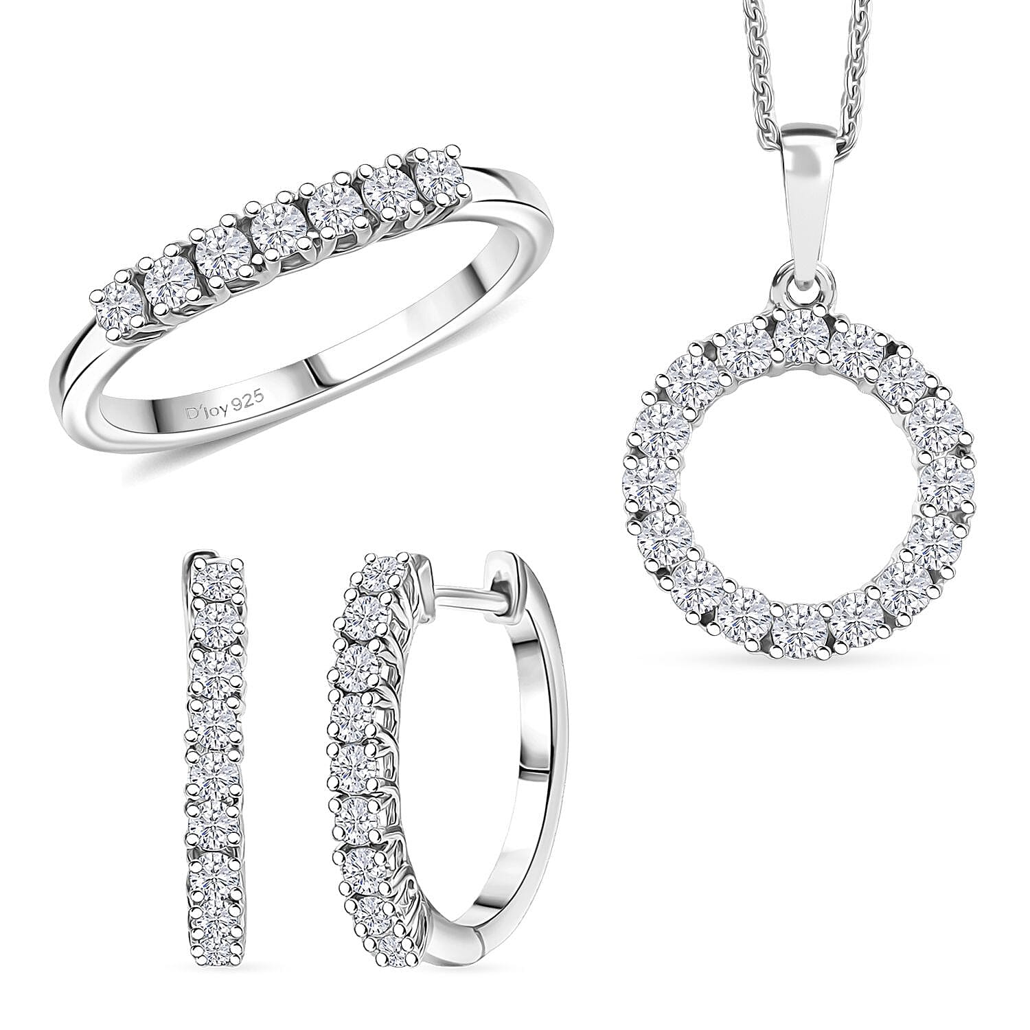 D'Joy Lab Grown Diamond (I1) Hoop Earrings, Ring (Size 5.0) and Circle Pendant Necklace (20 Inches) in Rhodium Over Sterling Silver 1.70 ctw