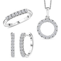 D'Joy Lab Grown Diamond (I1) Hoop Earrings, Ring (Size 5.0) and Circle Pendant Necklace (20 Inches) in Rhodium Over Sterling Silver 1.70 ctw