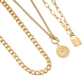 Set of 3 Curb, Cuban and Paper Clip Chain Necklace with Charm (16, 18 and 22 Inches) in ION Plated YG Stainless Steel - Sticky add to cart bar