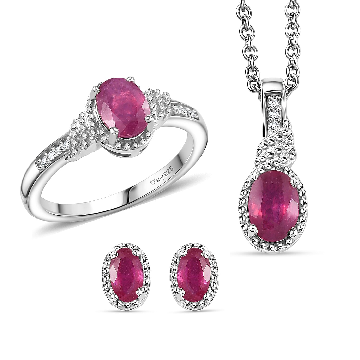 TLV 3 Piece Set - D'Joy Niassa Ruby (FF), White Zircon Stud Earrings, Ring (Size 5) and Pendant Necklace (20 Inches) in Rhodium Over Sterling Silver 3.10 ctw