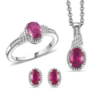 TLV 3 Piece Set - D'Joy Niassa Ruby (FF), White Zircon Stud Earrings, Ring (Size 5) and Pendant Necklace (20 Inches) in Rhodium Over Sterling Silver 3.10 ctw