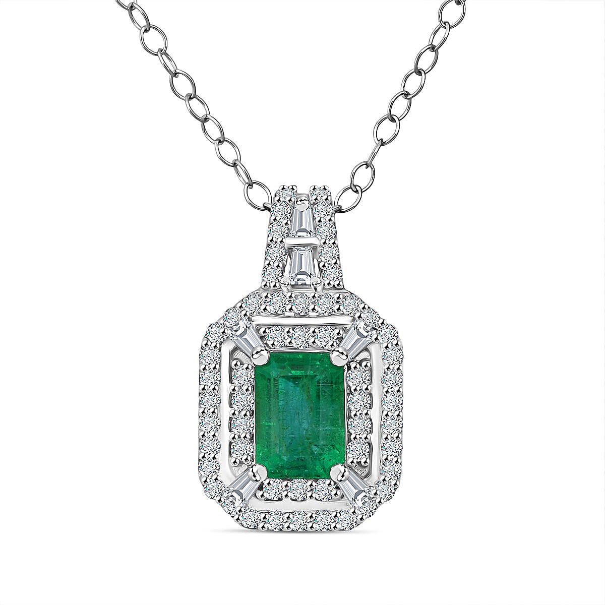 D'Joy Premium Kagem Zambian Emerald, Moissanite 1.50 ctw Imperial Radiance Pendant Necklace 20 Inches in Rhodium Over Sterling Silver