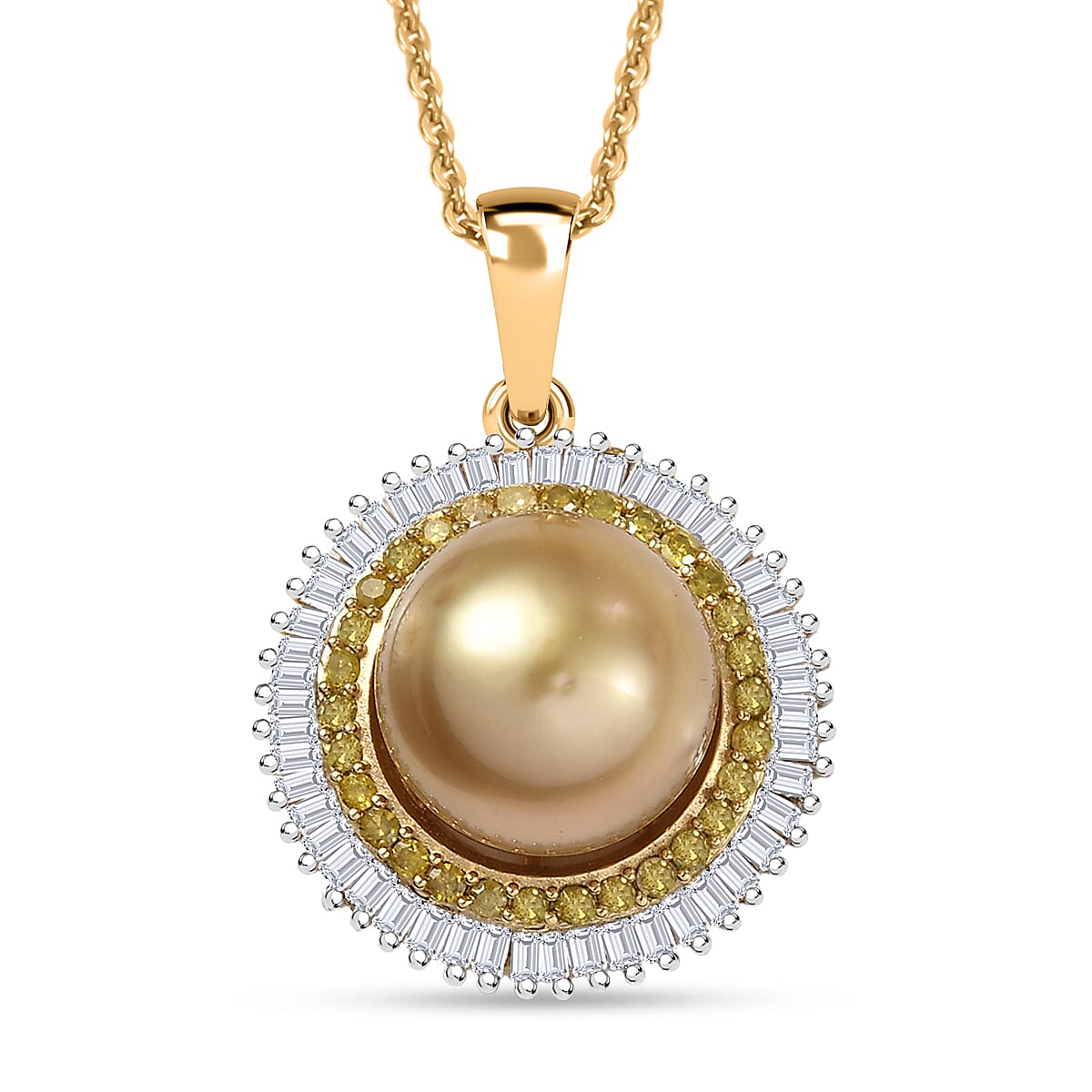 TLV D'Joy South Sea Golden Cultured Pearl 9-11mm, Yellow Diamond (IR), Diamond Pendant Necklace (20 Inches) in 18K Vermeil YG Over Sterling Silver 0.50 ctw
