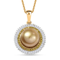 TLV D'Joy South Sea Golden Cultured Pearl 9-11mm, Yellow Diamond (IR), Diamond Pendant Necklace (20 Inches) in 18K Vermeil YG Over Sterling Silver 0.50 ctw