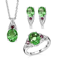 EverTrue Chartreuse Quartz (Triplet) and Orissa Rhodolite Garnet 9.20 ctw Earrings, Ring (Size 5.0) and Pendant Necklace 20 Inches in Stainless Steel