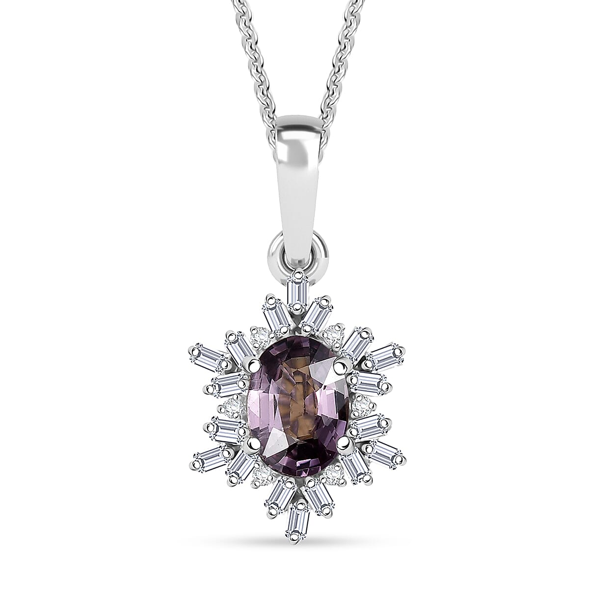 D'Joy Royal Lavender Spinel and Diamond 1.10 ctw Royal Rays Pendant Necklace in Rhodium Over Sterling Silver 20 Inches