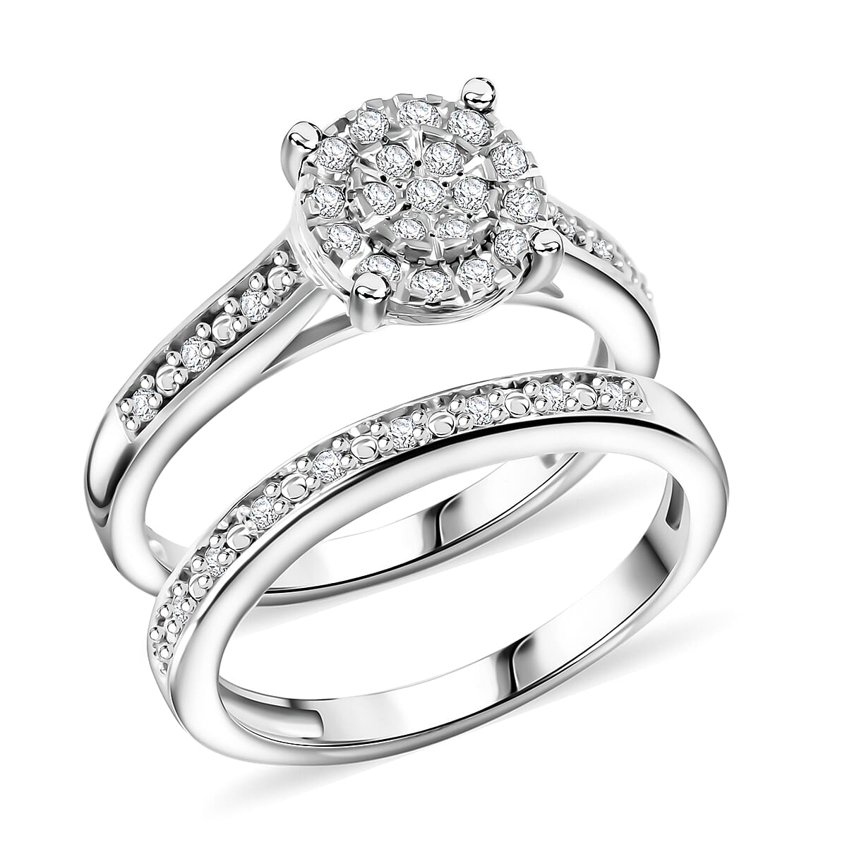 Set of 2 White Diamond Bridal Band Ring in Sterling Silver (Size 7.0) 0.33 ctw