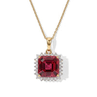 Certified & Appraised Luxuriant AAA Asscher Cut Lab Grown Padparadscha Sapphire and E-F VS Lab Grown Diamond 6.50 ctw Pendant Necklace in 10K Yellow Gold 18 Inches