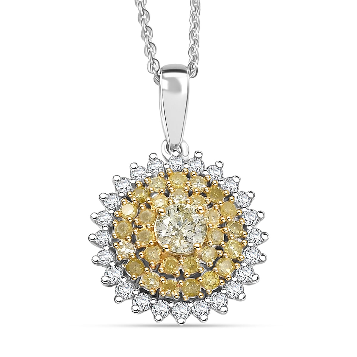 D'Joy Natural Yellow and White Diamond I2-I3 1.00 ctw Blooming Floral Pendant Necklace 20 Inches in Rhodium Over Sterling Silver