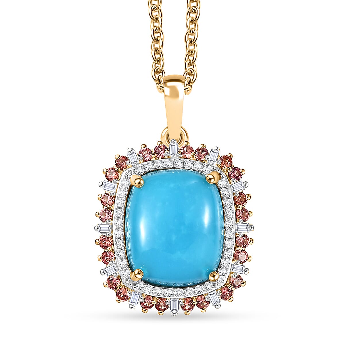 Luxoro Premium Sleeping Beauty Turquoise and Padparadscha Sapphire and Diamond 5.30 ctw Sunset Empress Pendant Necklace in 10K Yellow Gold 20 Inches