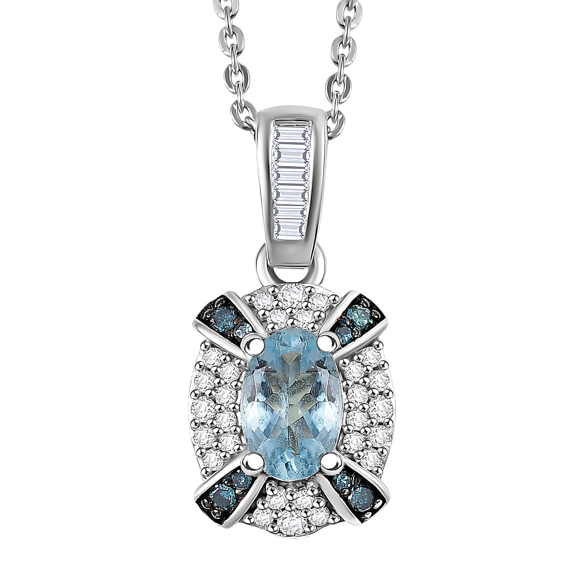 D'Joy Santa Maria Aquamarine, Blue and White Diamond 0.70 ctw Ocean Bloom Pendant Necklace in Rhodium Over Sterling Silver 20 Inches