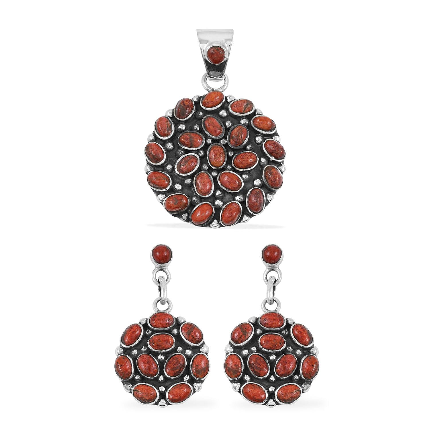 Santa Fe Style Red Coral Pendant and Earrings in Sterling Silver 57.00 ctw