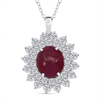 D'Joy Niassa Ruby (FF) and Moissanite 17.25 ctw Sunburst Pendant Necklace in Rhodium Over Sterling Silver 20 Inches