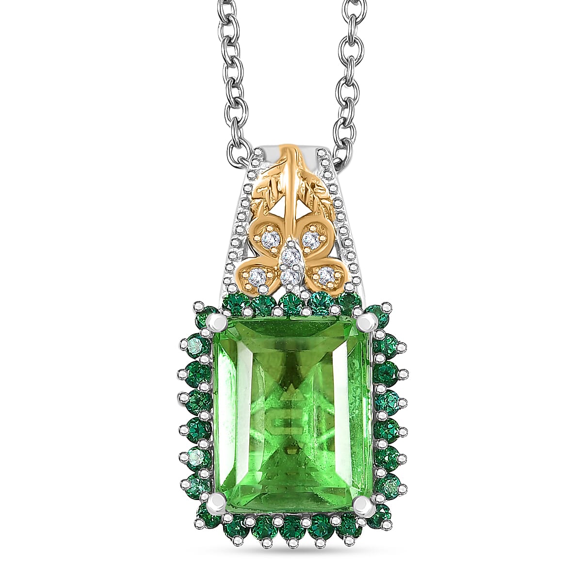 EverTrue Chartreuse Quartz (Triplet) and Multi Gemstone 6.00 ctw Floral and Butterfly Pendant in 18K YG Plated and Platinum Bond with Stainless Steel Necklace 20 Inches