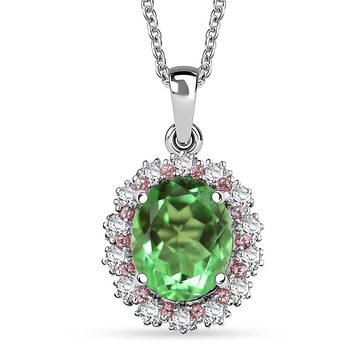 EverTrue Chartreuse Quartz (Triplet) and Multi Gemstone 4.75 ctw Classic Halo Pendant in Platinum Bond with Stainless Steel Necklace 20 Inches