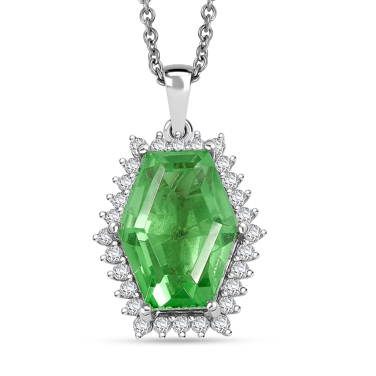 EverTrue Chartreuse Quartz (Triplet) and White Zircon 16.15 ctw Hidden Floral Pendant in Platinum Bond with Stainless Steel Necklace 20 Inches