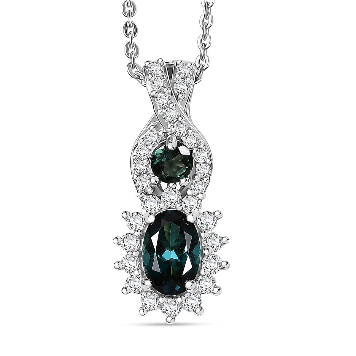 D'Joy Premium Monte Belo Indicolite and Moissanite 0.85 ctw Pendant Necklace in Rhodium Over Sterling Silver 20 Inches