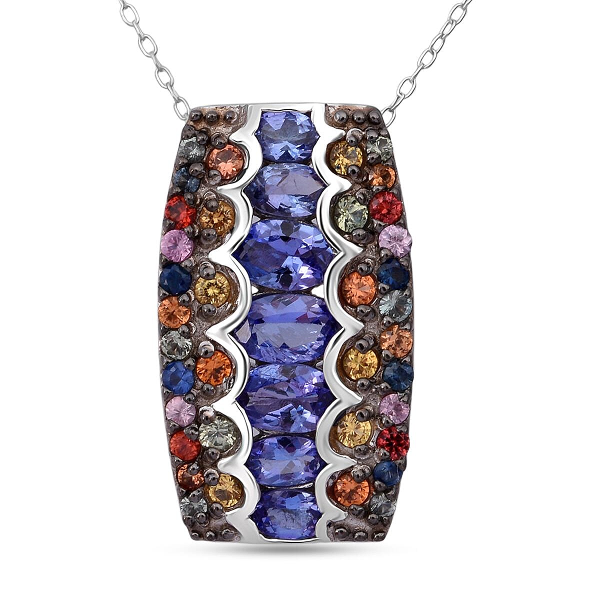 D'Joy Tanzanite, Multi Sapphire Pendant Necklace (20 Inches) in Rhodium Over Sterling Silver 3.20 ctw