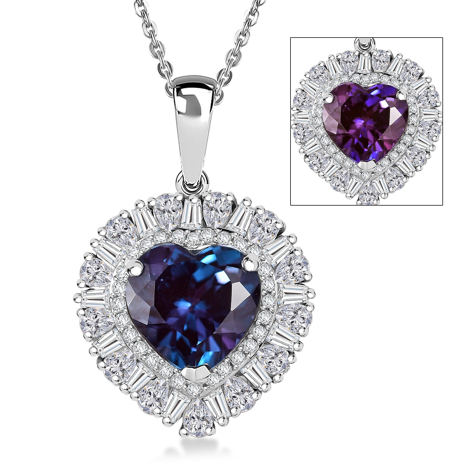 D'Joy Premium Lab Grown Alexandrite and Moissanite 5.85 ctw Twilight Heart Pendant Necklace in Rhodium Over Sterling Silver 20 Inches
