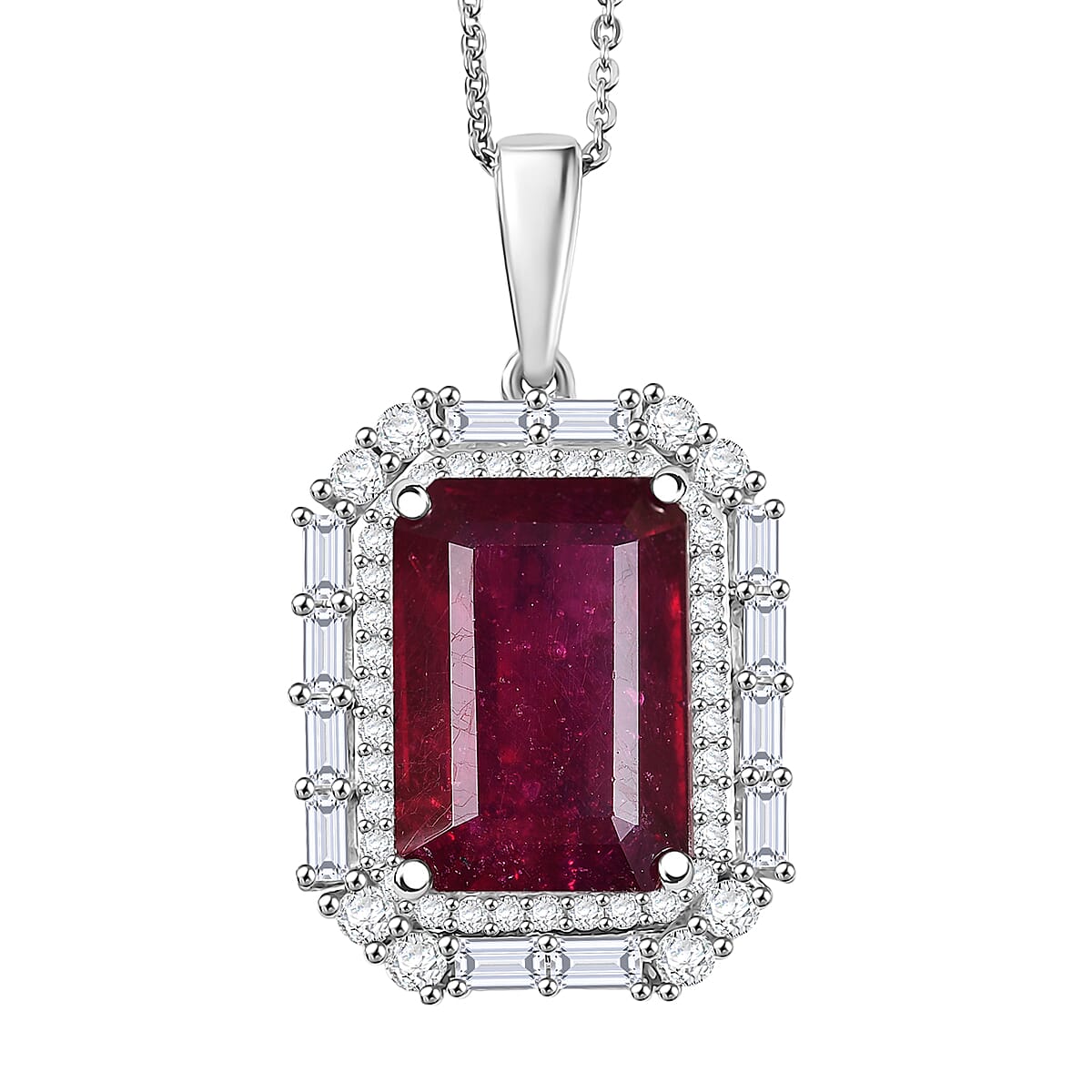D'Joy Premium Niassa Ruby (FF) and Moissanite 12.90 ctw Art Deco Pendant Necklace in Rhodium Over Sterling Silver 20 Inches