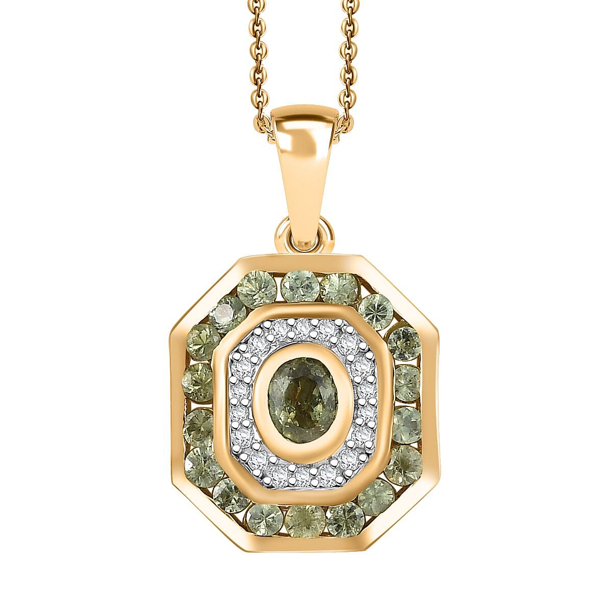 D'Joy Ambanja Demantoid Garnet and Moissanite 1.75 ctw Forest Deco Pendant Necklace in 18K Vermeil Yellow Gold Over Sterling Silver 20 Inches