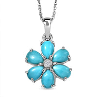 D'Joy Sleeping Beauty Turquoise, White Zircon Pendant Necklace (20 Inches) in Rhodium Over Sterling Silver 2.35 ctw
