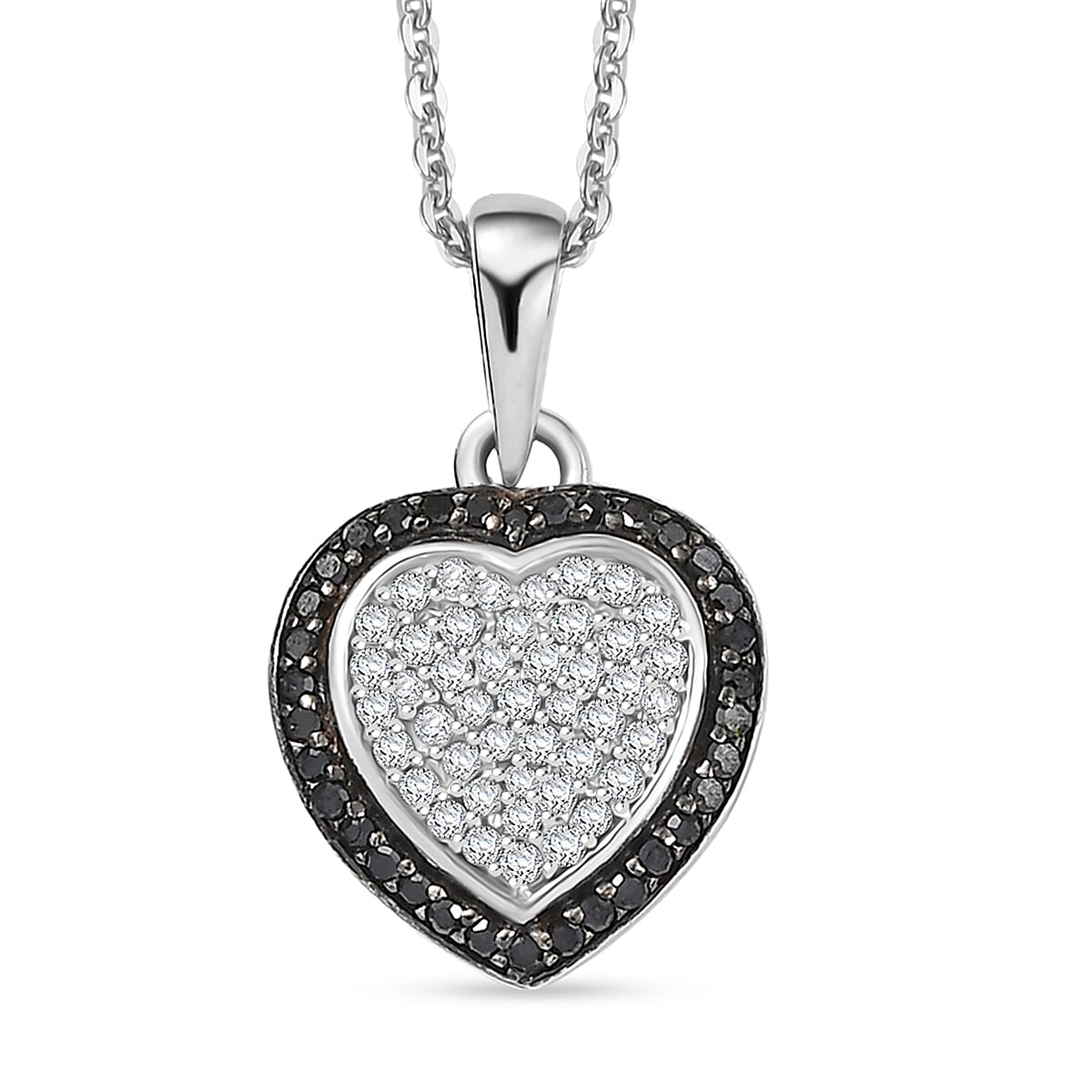 D'Joy White and Black Diamond 0.25 ctw Eternal Bond Heart Pendant Necklace in Rhodium Over Sterling Silver 20 Inches