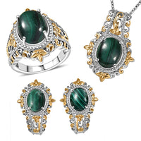3 Piece Set - EverTrue African Malachite 11.65 ctw Earrings, Ring (Size 7) and Pendant in 18K YG Plated and Platinum Bond with Stainless Steel Necklace 20 Inches