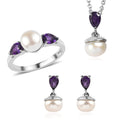 3 Piece Set - EverTrue White Freshwater Pearl, African Amethyst Earrings, Ring (Size 5) and Pendant in Stainless Steel Necklace (20 Inches) 2.00 ctw - Sticky add to cart bar