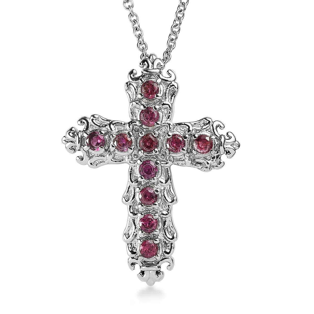 EverTrue Orissa Rhodolite Garnet 1.25 ctw Cross Pendant Necklace in Stainless Steel 20 Inches
