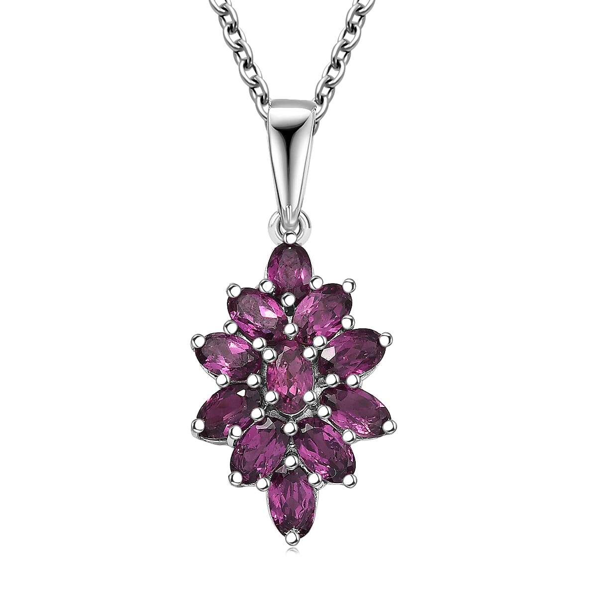 EverTrue Orissa Rhodolite Garnet 3.35 ctw Floral Spark Elegance Pendant in Platinum Bond with Stainless Steel Necklace 20 Inches