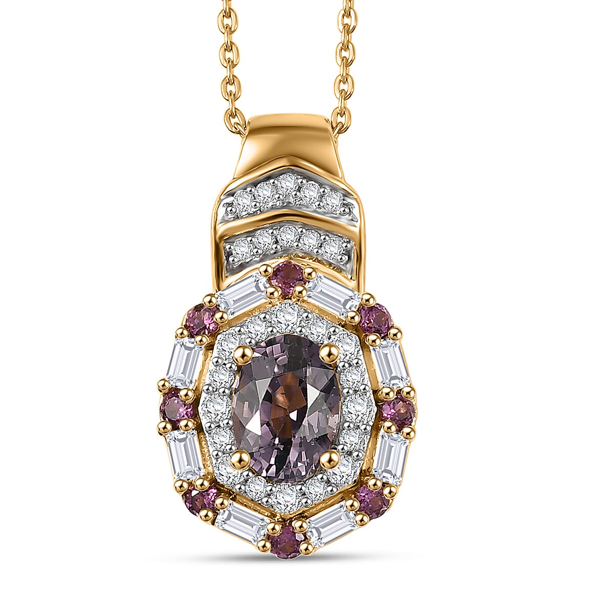 D'Joy Royal Lavender Spinel and Multi Gemstone 1.65 ctw Art Deco Pendant Necklace 20 Inches in 18K Vermeil Yellow Gold Over Sterling Silver