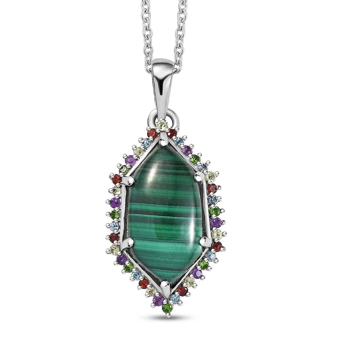 EverTrue African Malachite and Multi Gemstone 14.25 ctw Celestial Halo Pendant in Platinum Bond with Stainless Steel Necklace 20 Inches