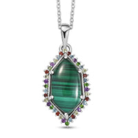 EverTrue African Malachite and Multi Gemstone 14.25 ctw Celestial Halo Pendant in Platinum Bond with Stainless Steel Necklace 20 Inches