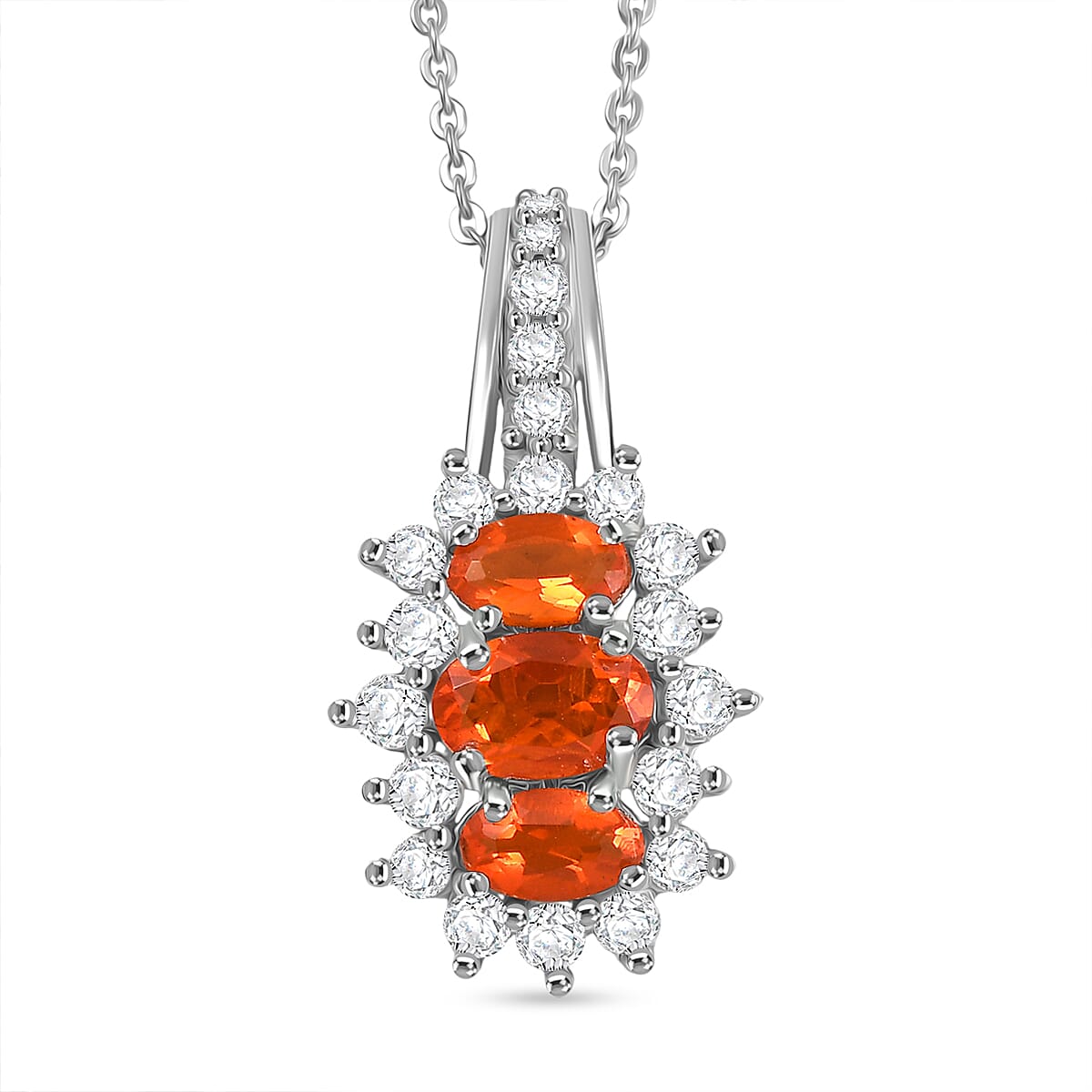 D'Joy Crimson Fire Opal and White Zircon 1.30 ctw Pendant Necklace 20 Inches in Rhodium Over Sterling Silver