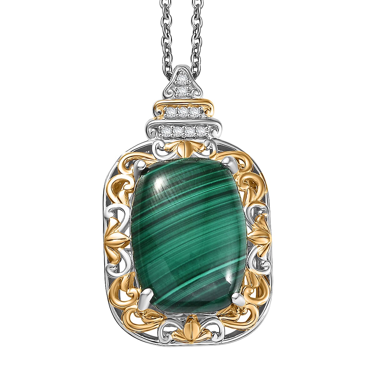EverTrue African Malachite and White Zircon 17.00 ctw Vintage Era Pendant in 18K YG Plated and Platinum Bond with Stainless Steel Necklace 20 Inches