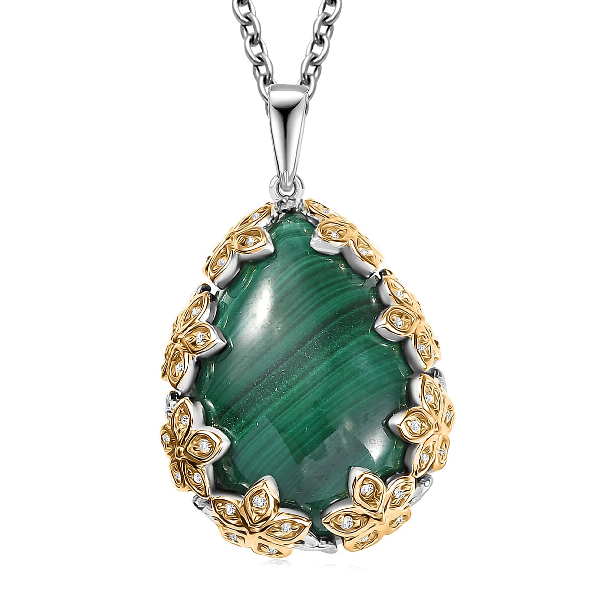 EverTrue African Malachite and White Zircon 19.40 ctw Floral Pendant in 18K YG Plated and Platinum Bond with Stainless Steel Necklace 20 Inches