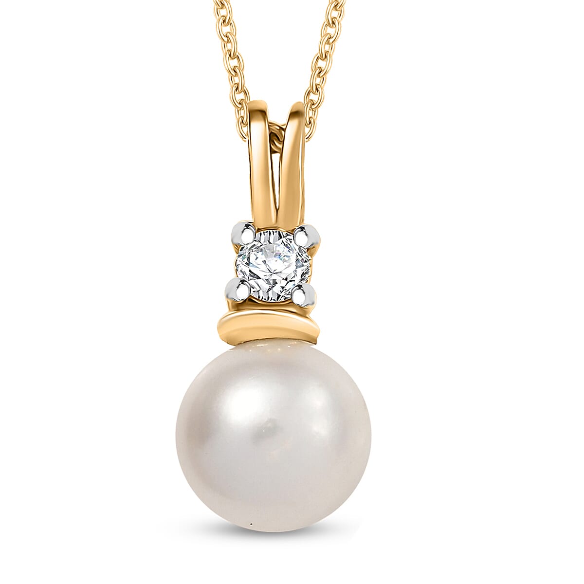 D'Joy Pearl, Lab Grown Diamond Pendant Necklace in 18K Vermeil YG Over Sterling Silver 0.10 ctw (20 Inches)