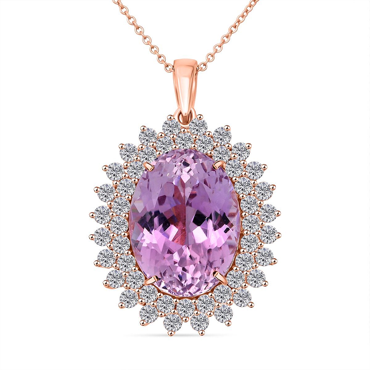 AAAA Patroke Kunzite and G-H SI Luxuriant Lab Grown Diamond 14.35 ctw Soul Bloom Pendant Necklace in 10K Rose Gold 18 Inches
