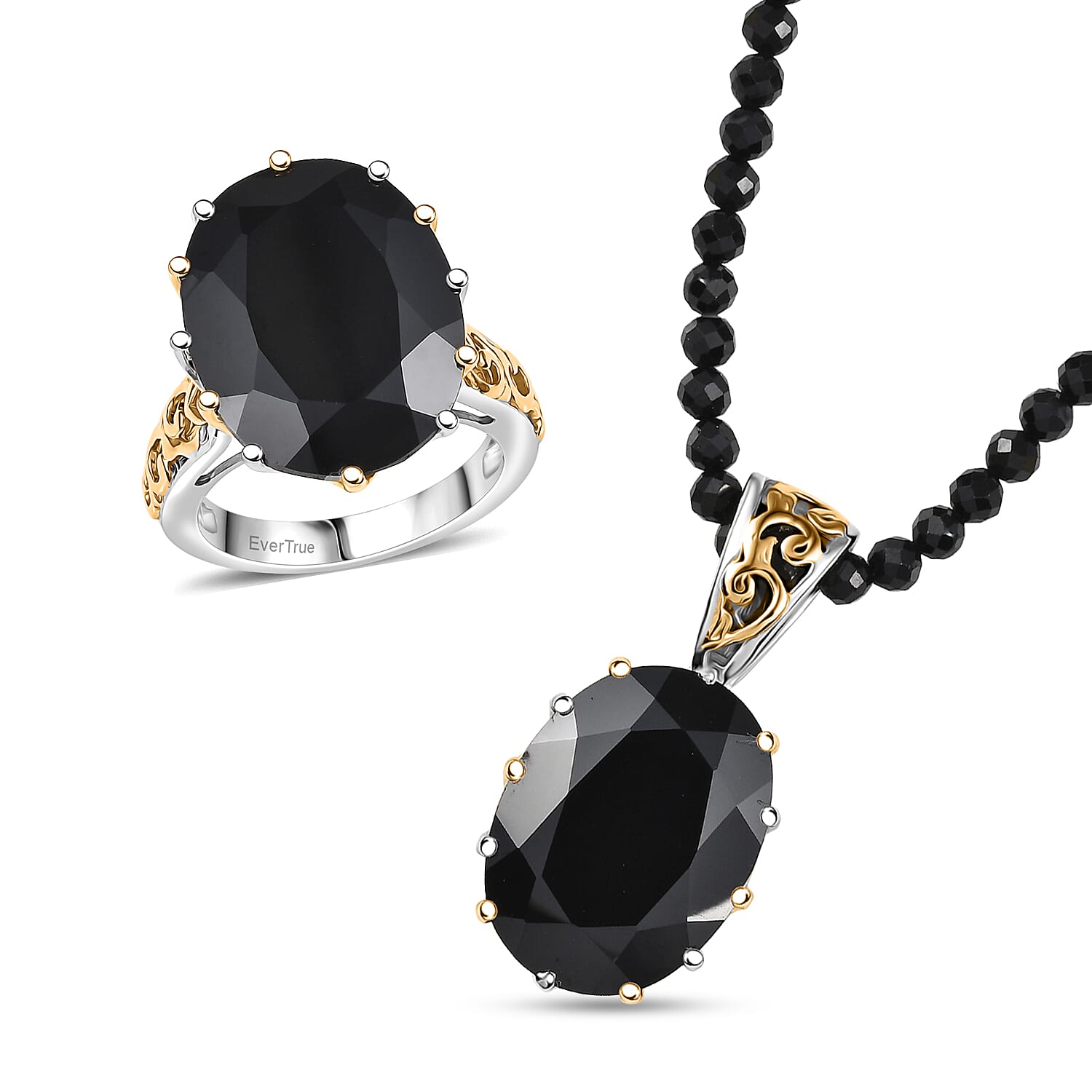 EverTrue 2 Piece Set Thai Black Spinel Ring (Size 11.00) and Pendant with Beaded Necklace (20 Inches) in 18K YG Plated and Platinum Bond 78.90 ctw